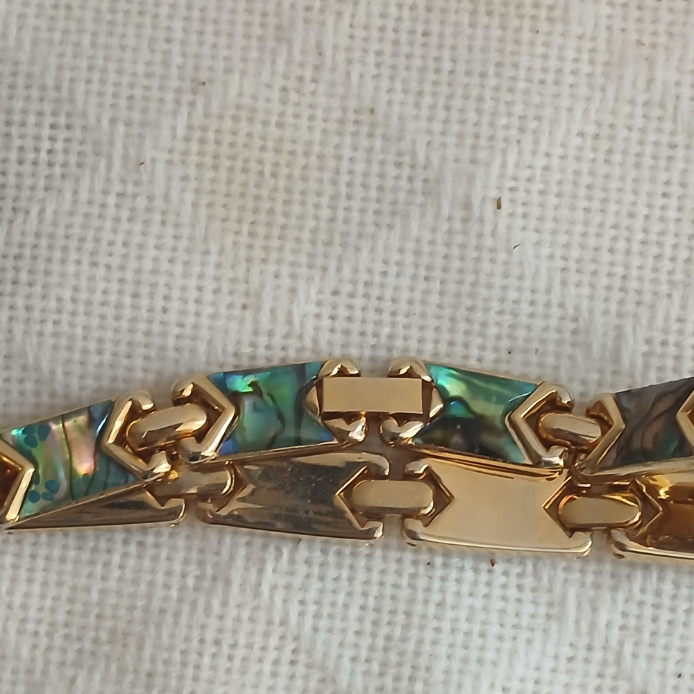Gold-Tone Abalone Inlay Link Bracelet - Iridescent Blue-Green - Picture 3 of 11